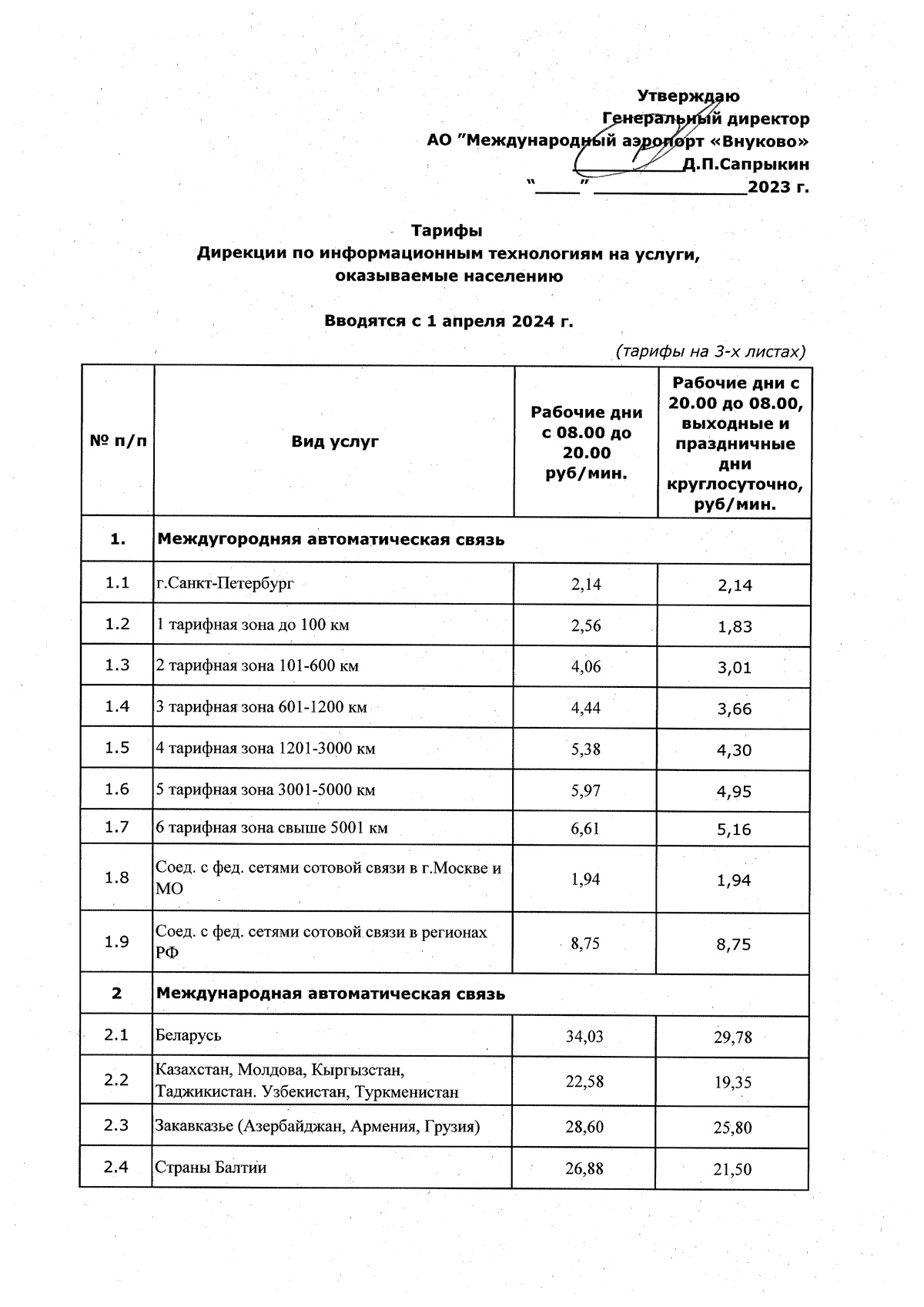 Тарифы для населения на междугороднюю и международную связь (01.04.2024)